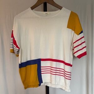 Boxy Colorblock Stripe Knit Tee - White with Mustard, Navy & Red